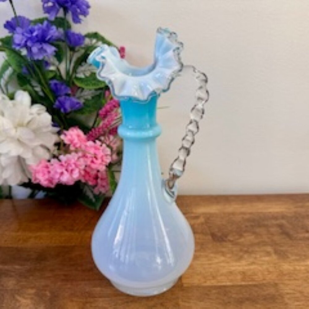 Hand Blown Cased Glass Ewer Vase Sky Blue White Ruffled Rim Clear Handle Vintage